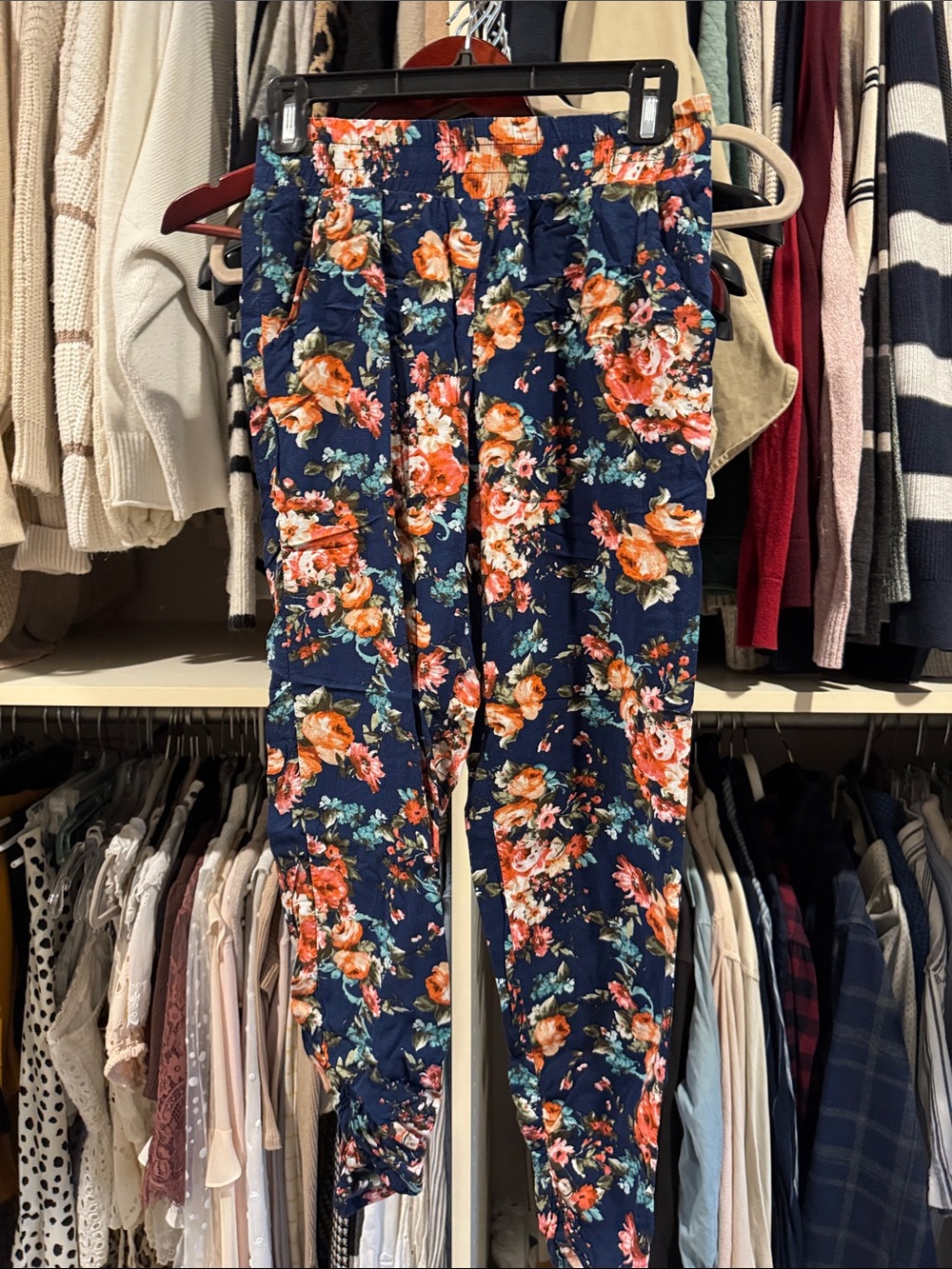 Socialite Navy Floral Jogger Pants with Orange & Pink Blooms